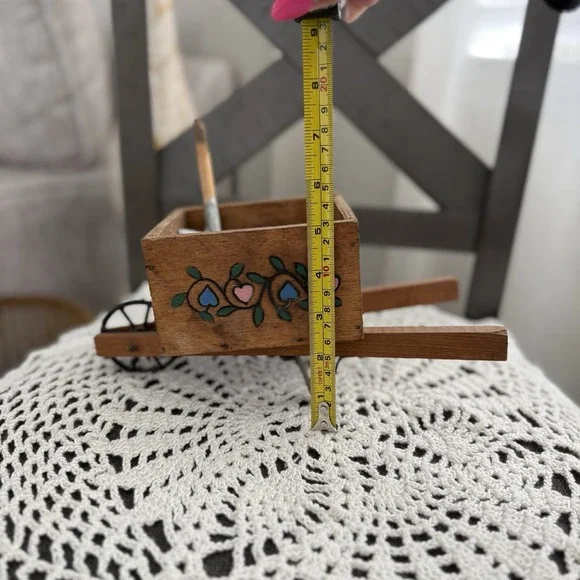 Vintage Rustic Wood Wheelbarrow Planter w/ Pyrography Hearts with Shovel Decor - Picture 6 of 6